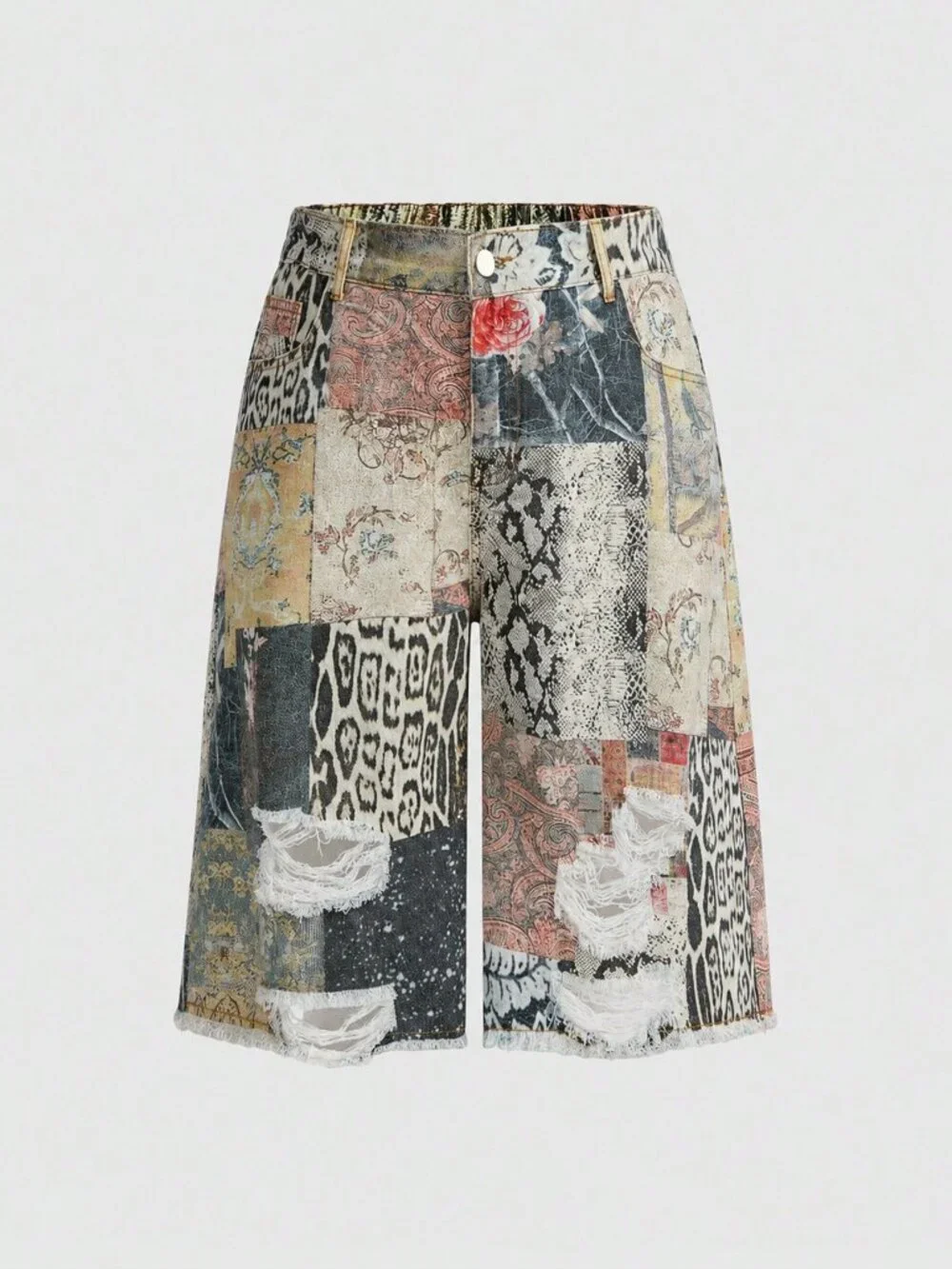 Multicolor Casual Women's Leopard Paisley Button Zip Wide Leg Bermuda Shorts